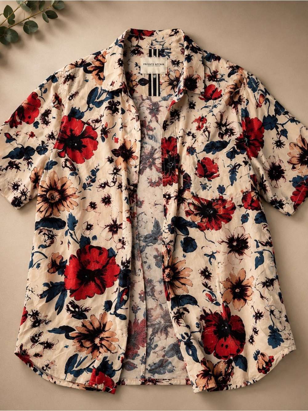 Floral Short-Sleeve Button-Up Shirt - Cream with Red & Blue Flowers